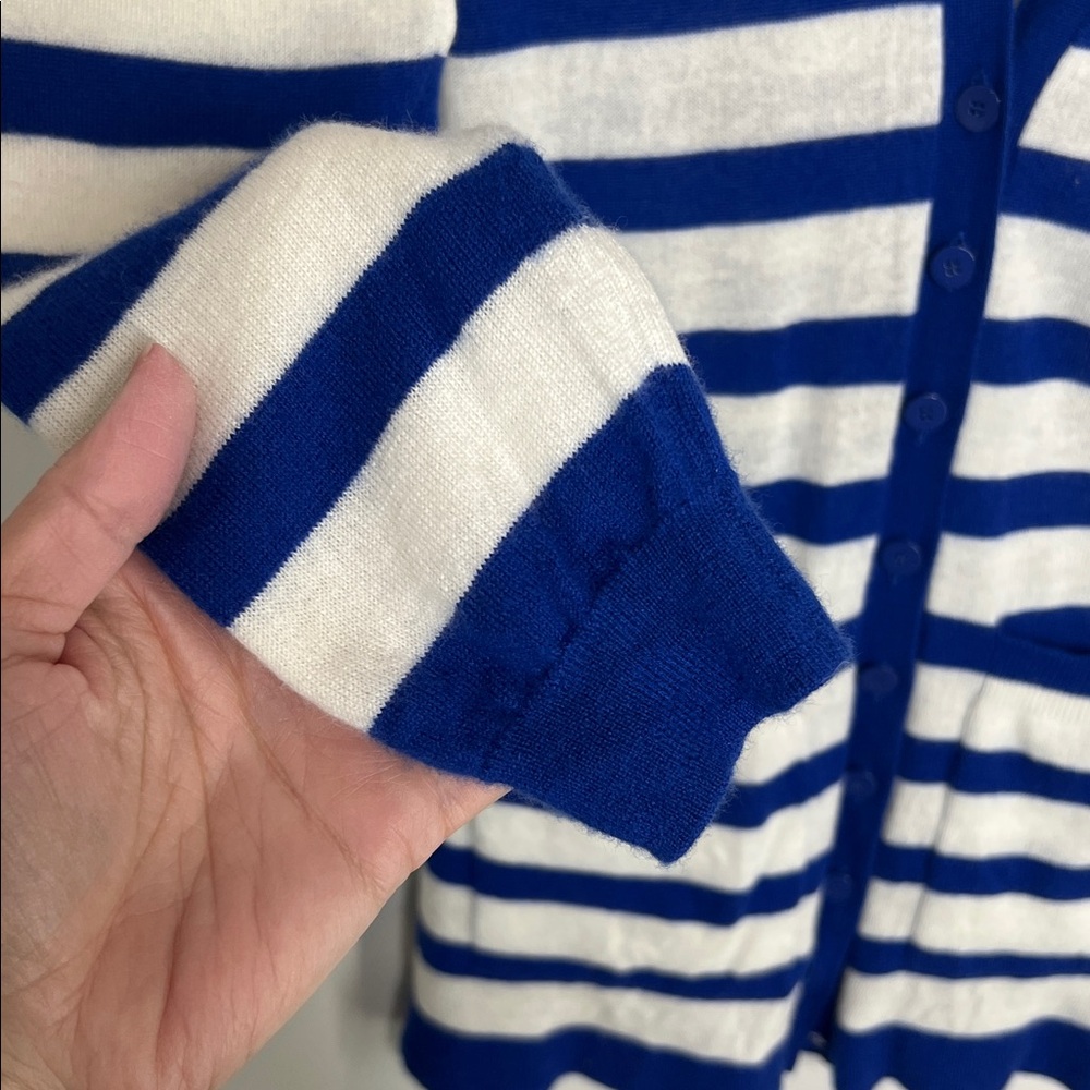 J. Crew 100% Cashmere Nautical blue and white stripe cardigan size Medium - Picture 5 of 13